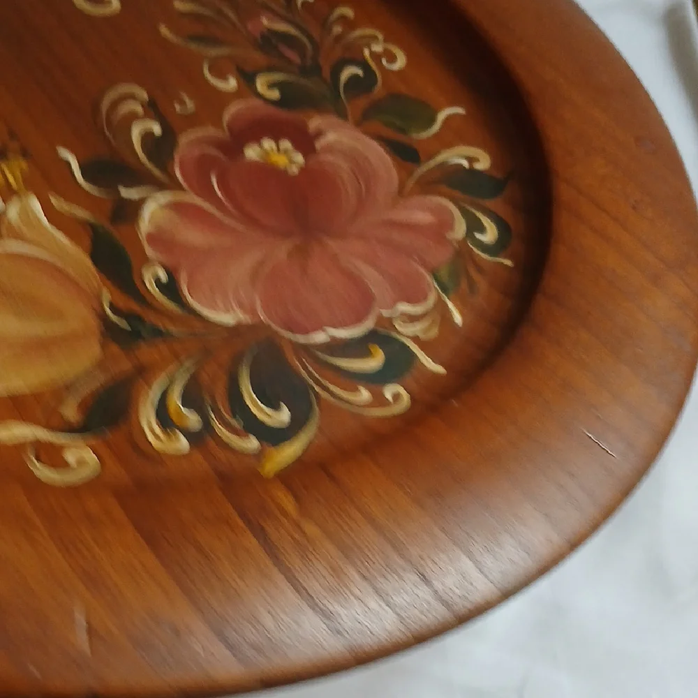 Vintage German Hand-painted Floral Wooden Plate